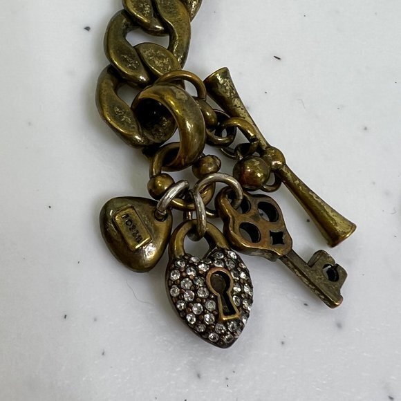 Fossil‎ Chain Bracelet Gold Tone Rhinestone Lock Key 7 Inch Charm Thick Cuban - Picture 2 of 7